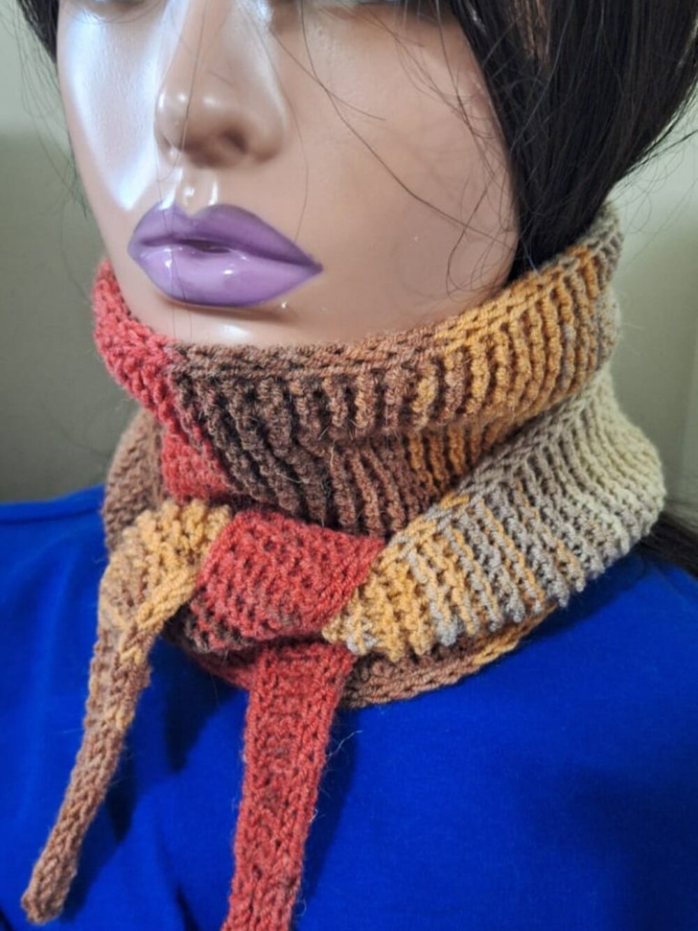 Hand Knit Multicolor Skinny Triangle Scarf Wool Blend Boho